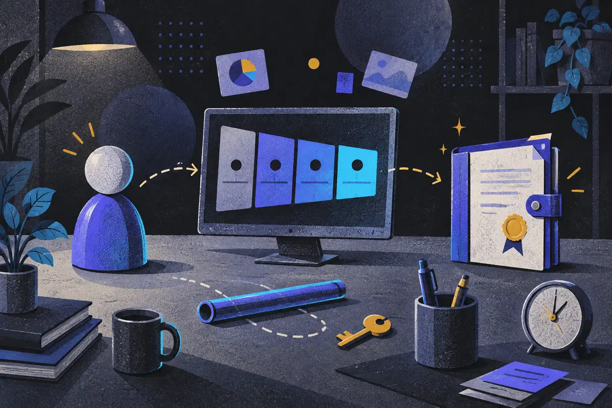 sales pipeline stages: a faceless buyer token, a monitor showing abstract stage columns, and a closed contract folder arranged left to right, handoff baton, key, pen cup, desk clock