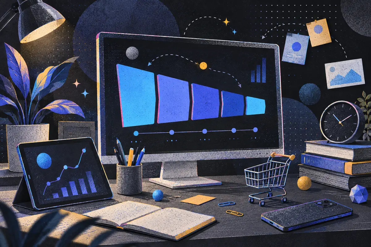 sales pipeline: a large monitor showing an abstract stage chart, tilted tablet, face-down phone, shopping cart, clock, stack of books, potted plant, paper clips