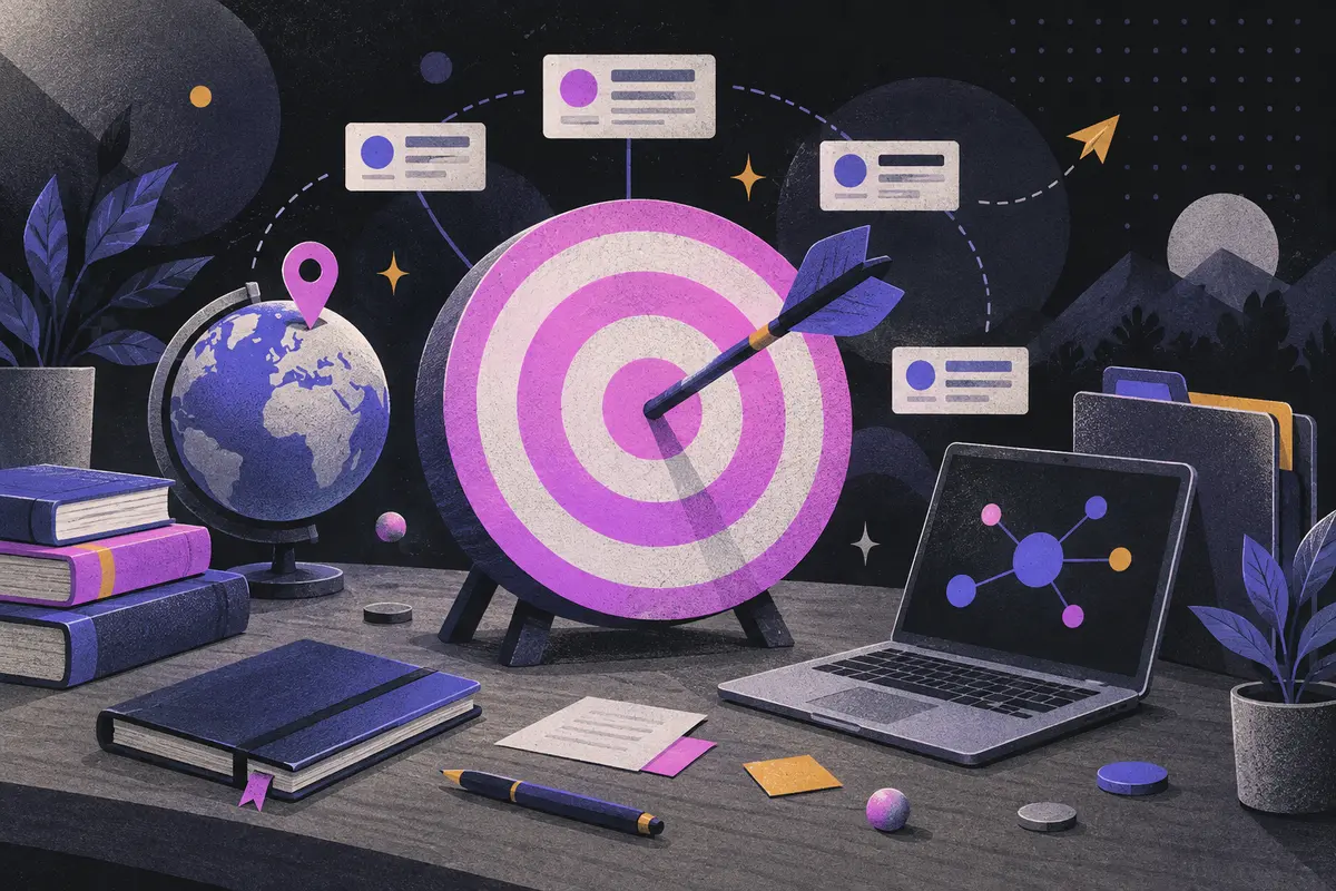 SEO topic clusters: a large centered target with dart, small globe, map pin, open laptop, closed notebook, stack of books, and closed folder