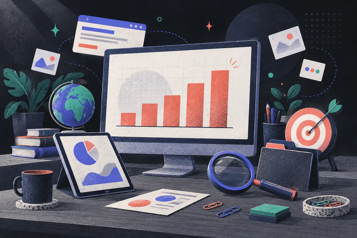 SERP features: a large monitor showing an abstract bar chart, tilted tablet, magnifying glass, small globe, target with dart, closed folder, stack of books, paper clips