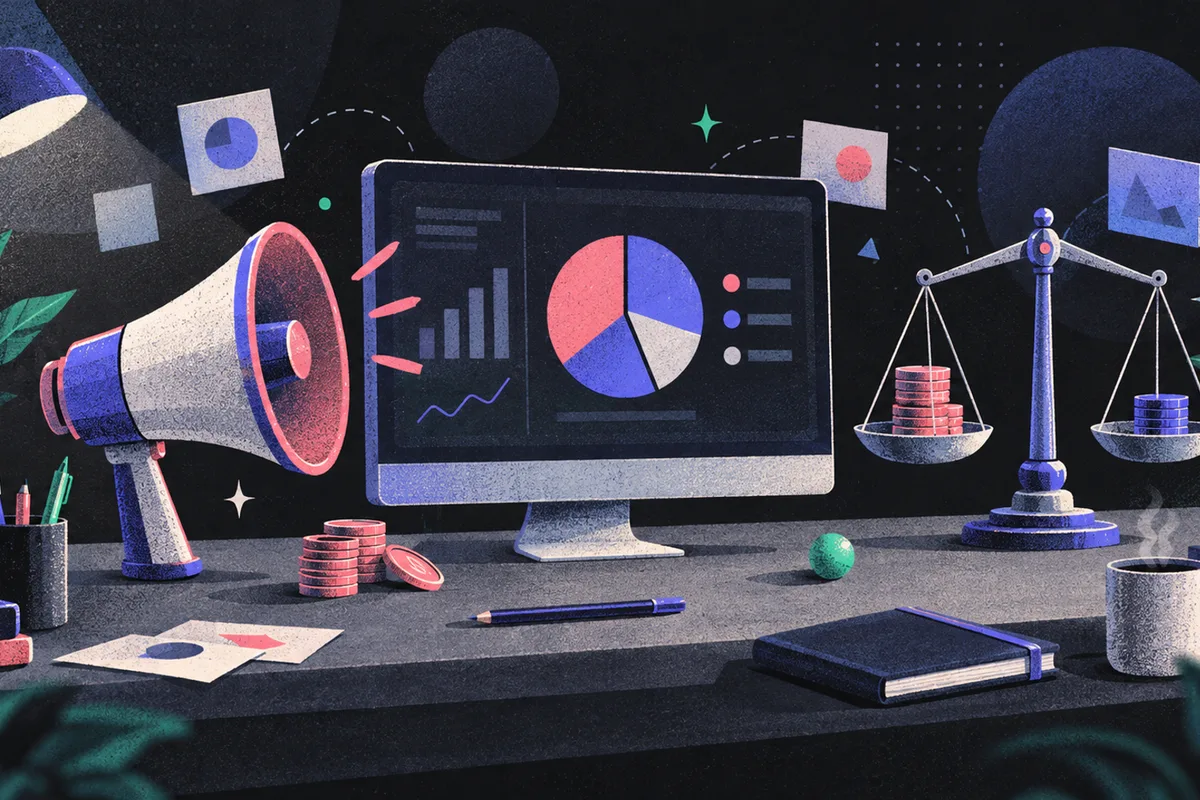 share of voice: an upright megaphone, a monitor showing an abstract share chart, and a balance scale left to right, coins, closed calendar, coffee cup