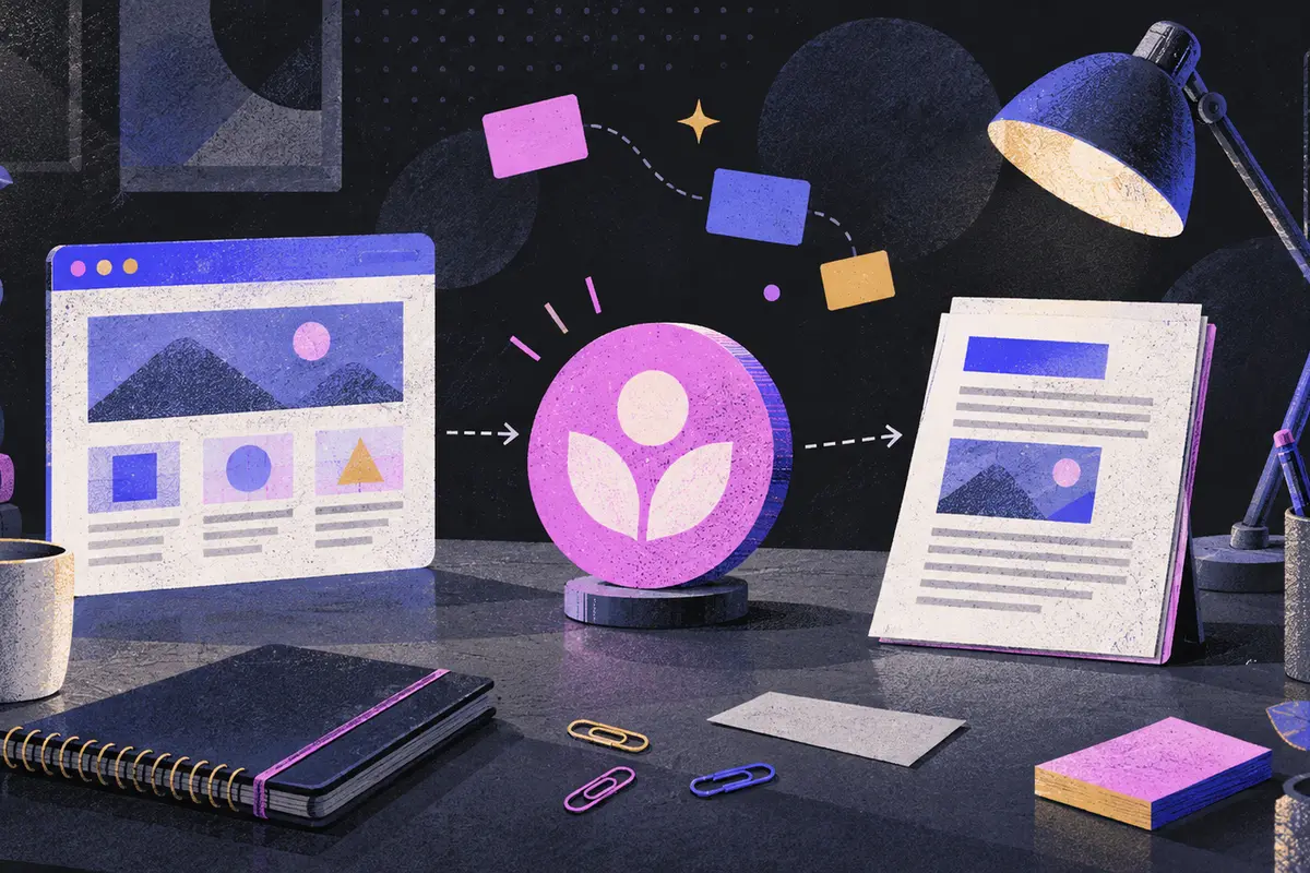 site schema: a clean web page, organization emblem, and breadcrumb markers progressing left to right, article sheet, unmarked logo token, desk lamp, notebook, paper clips