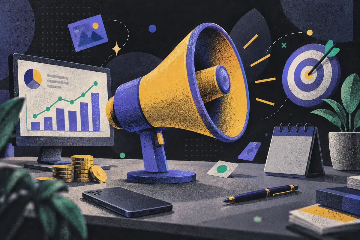 social media advertising: a large centered upright megaphone, face-down phone, monitor showing an abstract chart, coins, target with dart, closed calendar, pen, potted plant
