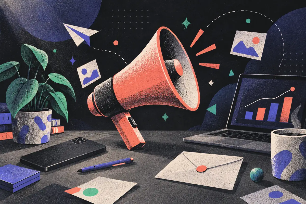 social media marketing: a large centered megaphone angled upward, a face-down phone, a laptop showing an abstract chart, a sealed envelope, a paper plane, a coffee cup, a potted plant