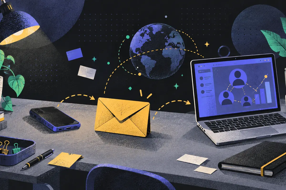 social selling: a face-down phone, a sealed envelope, and an open laptop arranged left to right, small globe, coffee cup, closed notebook