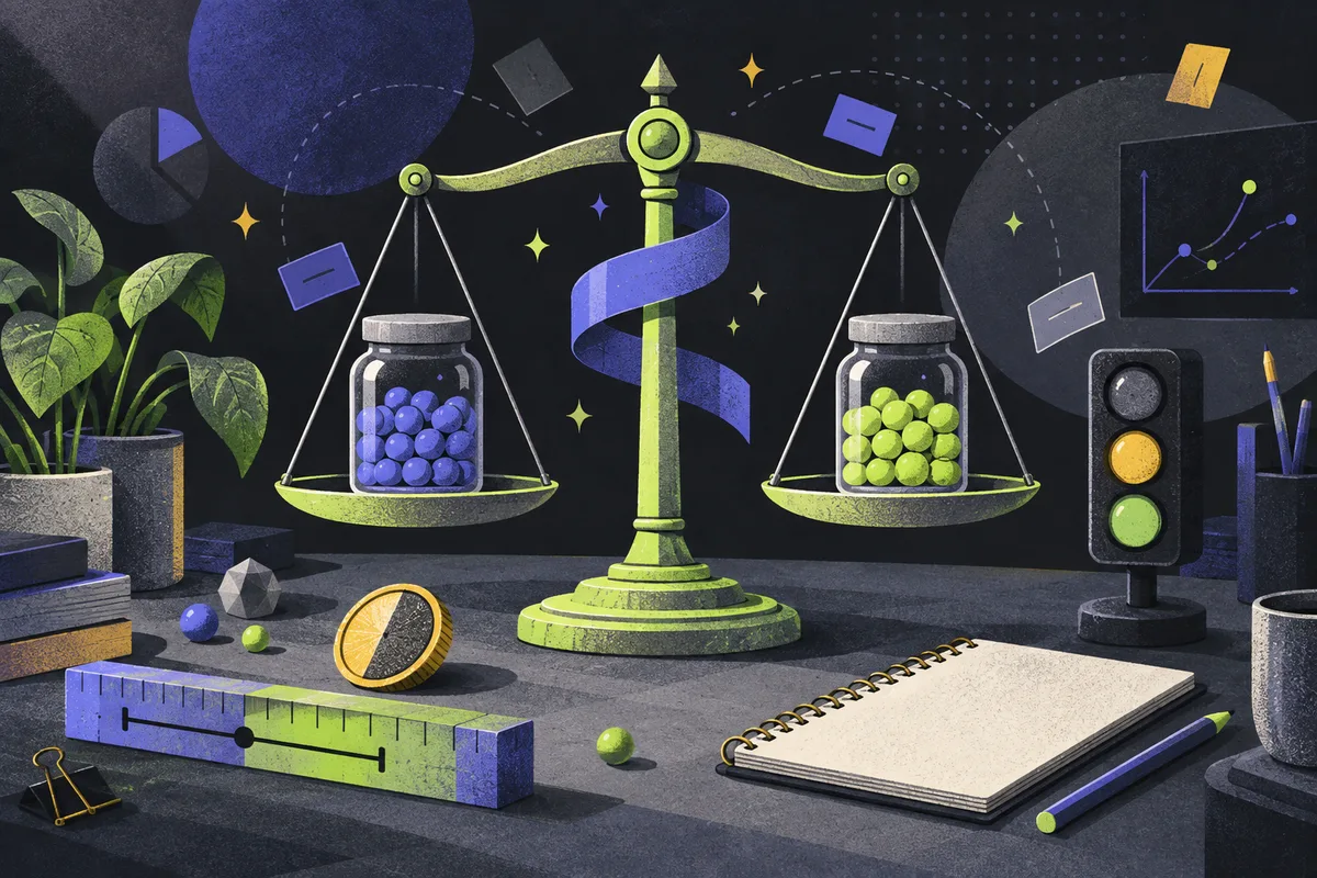 experiment inference: a large centered balance scale holding paired sample jars, confidence ribbon, randomization coin, effect-size ruler, plain stoplight, blank notebook, potted plant