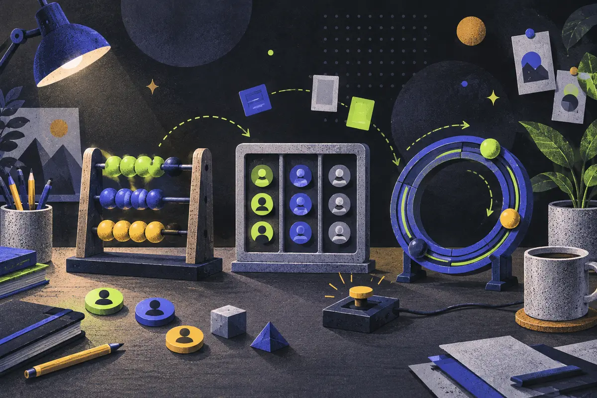 product stickiness: an activity bead rack, cohort window frame, and retention loop track arranged left to right, identity tokens, event switch, coffee mug, potted plant