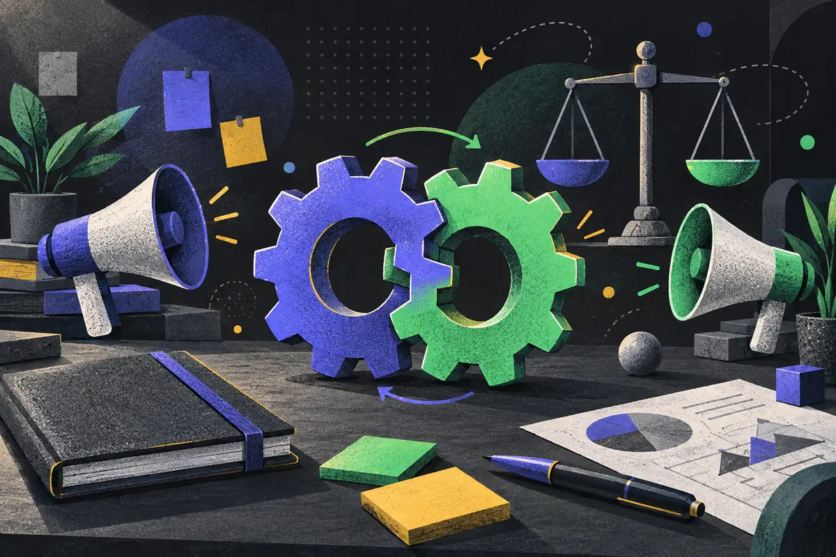 straddle positioning: a large centered pair of interlocking gears turning together, a balance scale, two megaphones, closed notebook, sticky notes, pen