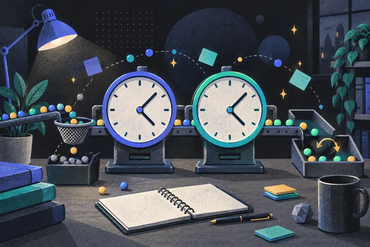 streaming data: two equal event clocks for event time and arrival time side by side, data beads, duplicate filter, correction tray, empty notebook, desk lamp