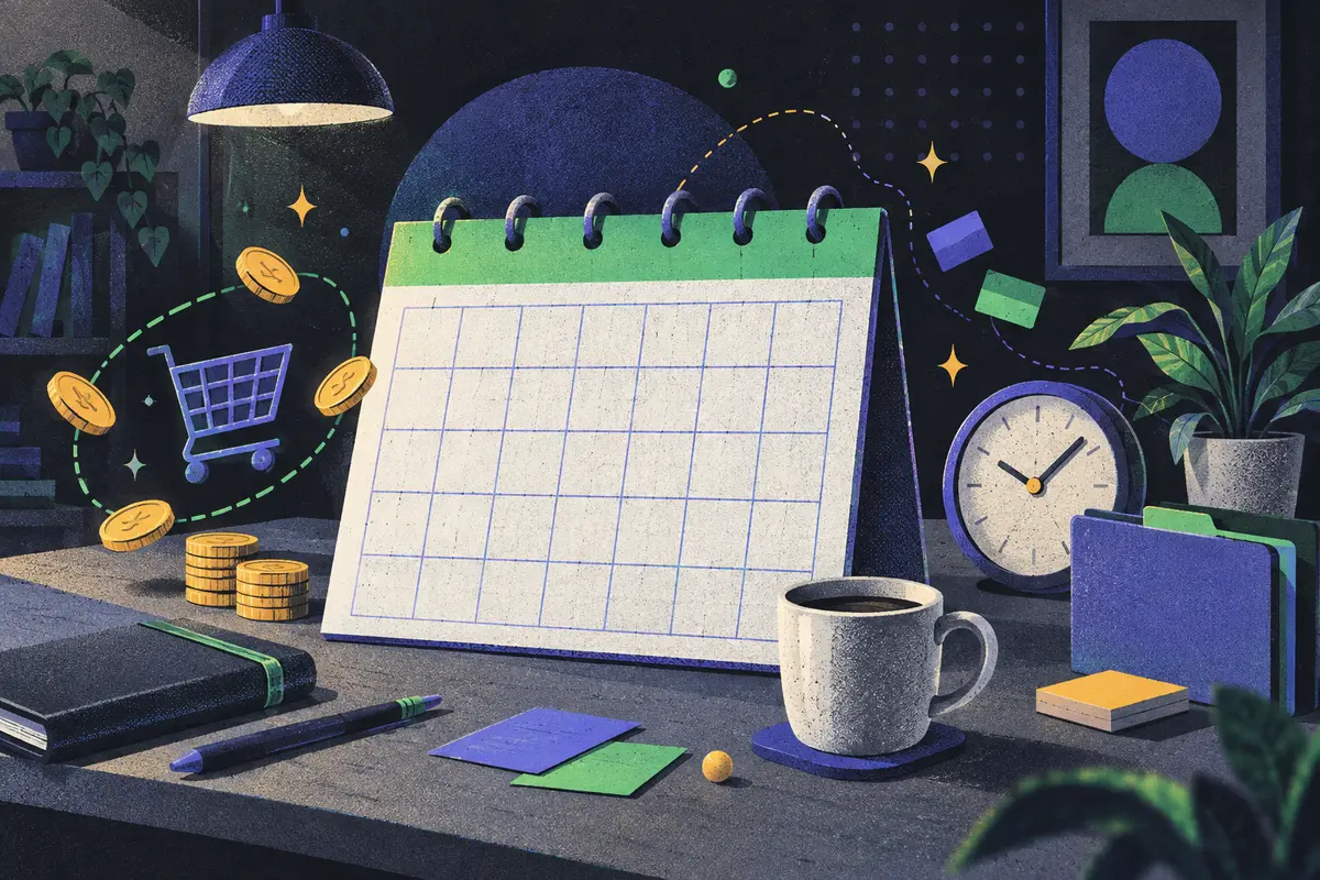 subscription business model: a large centered calendar with an empty grid, coins circling a shopping cart, clock, closed folder, coffee cup, potted plant