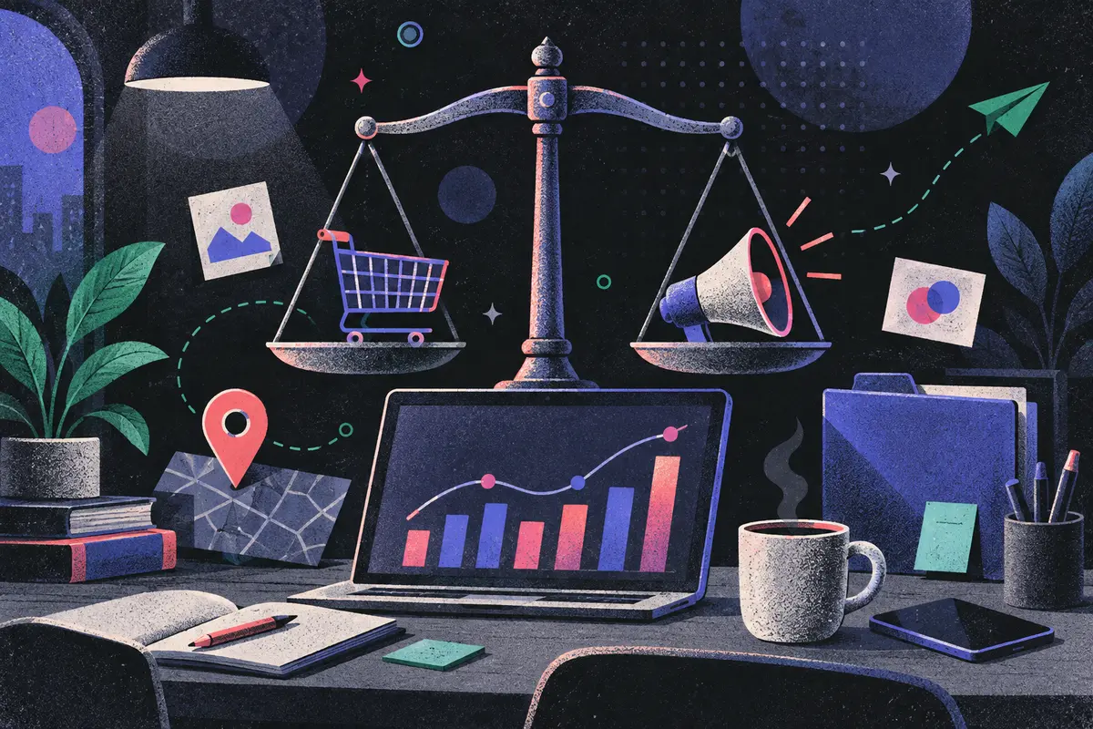 target marketing: a large centered balance scale holding a shopping cart and megaphone, a monitor showing an abstract chart, map pin, closed folder, coffee cup