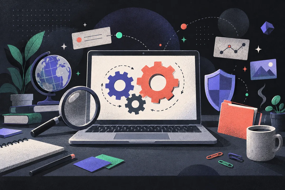 technical SEO: a large centered laptop showing interlocking gears, magnifying glass, shield, small globe, closed folder, coffee cup, paper clips