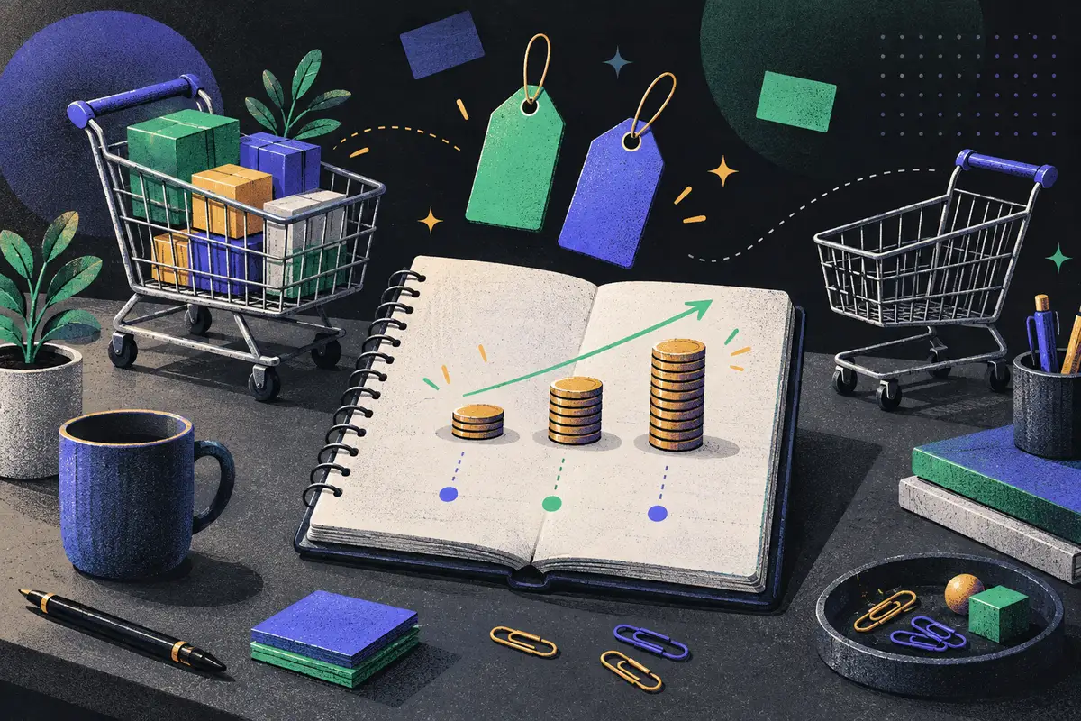 tiered pricing: an open notebook, three ascending coin stacks, a full shopping cart, an empty shopping cart, two unmarked price tags, paper clips arranged neatly across a desktop