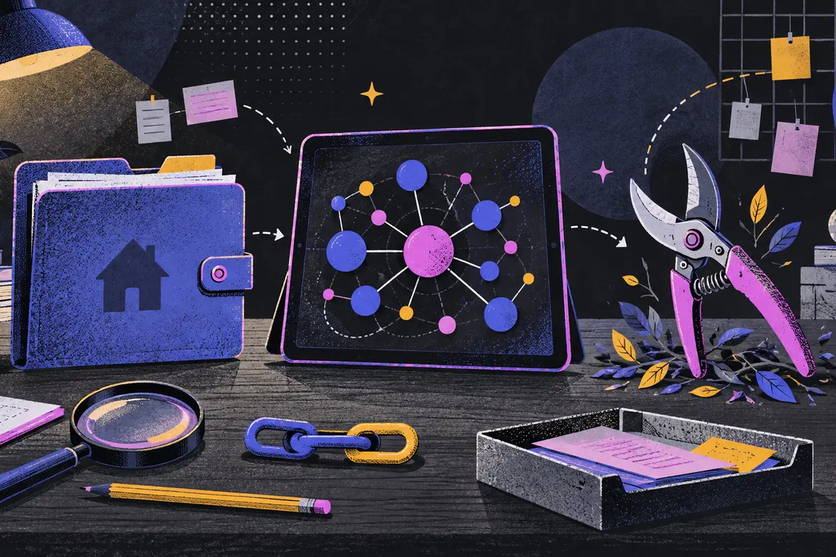 topic-cluster audit: a closed site folder, a tablet showing an abstract node chart, and pruning shears arranged left to right, magnifying glass, chain links, desk tray, pencil cup