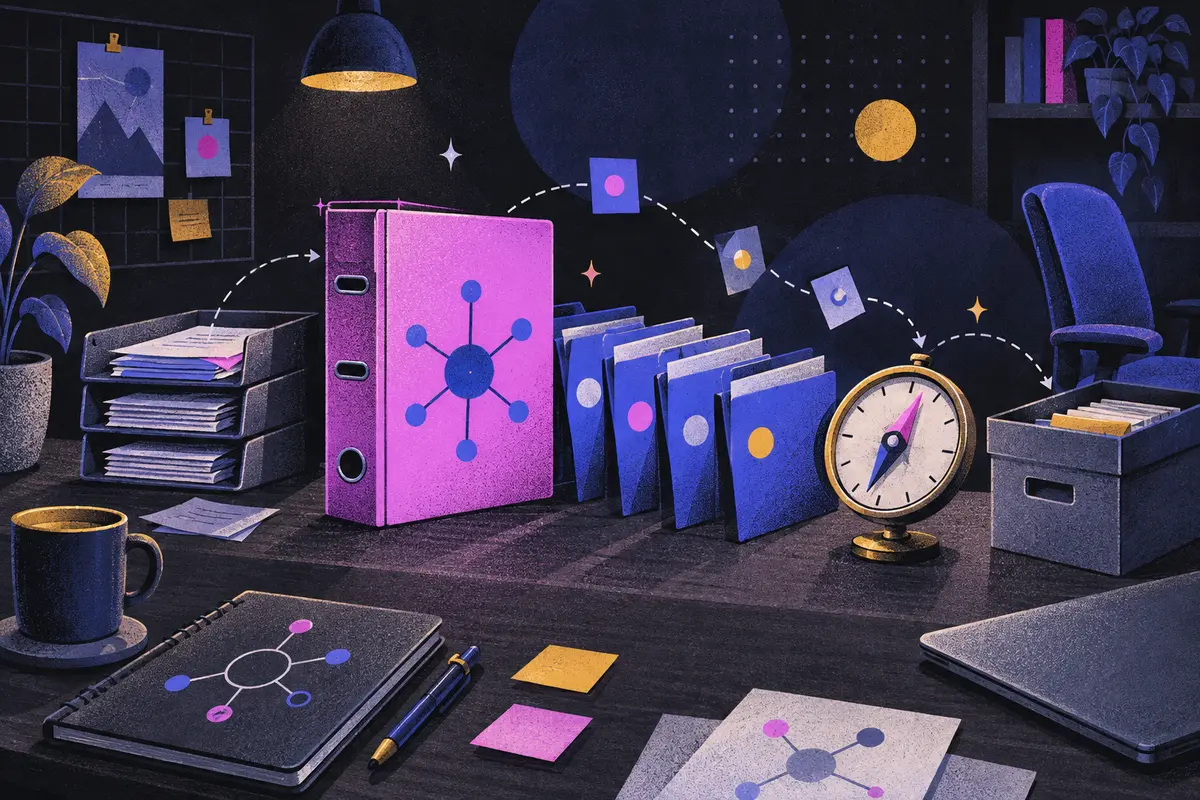 topic cluster audit: a hub binder, spoke folders, and routing compass arranged left to right, link chain, duplicate trays, archive box, task chair