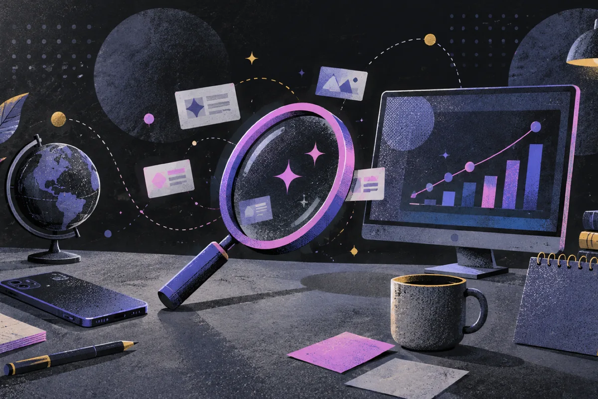 AI search brand mentions: a tilted magnifying glass, face-down phone, and monitor showing an abstract chart arranged left to right, small globe, closed calendar, stack of books, and coffee cup
