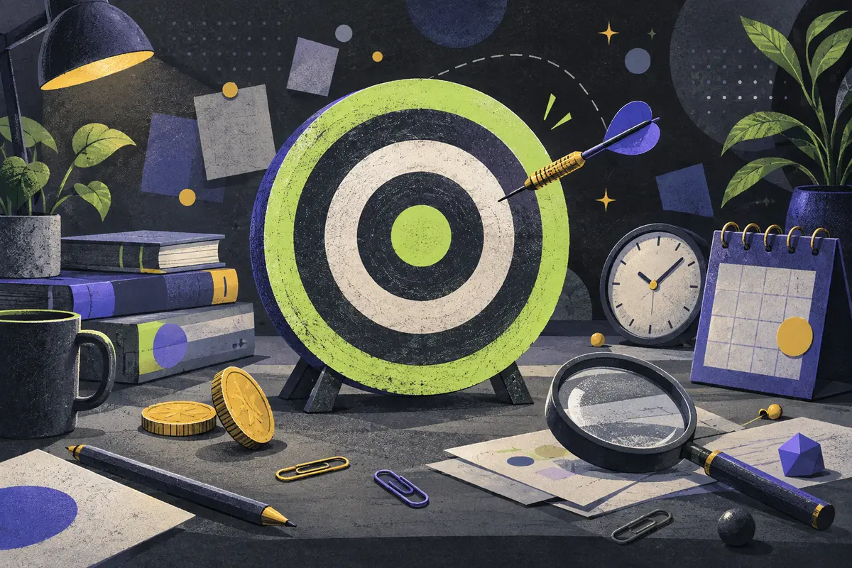 type I error: a large centered target with one dart outside the bullseye, two coins, clock, closed calendar, magnifying glass, stack of books, paper clips