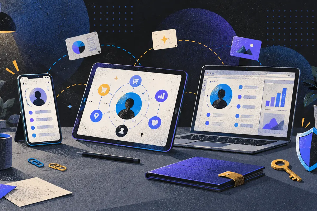 unified customer profile: a phone, tilted tablet, and open laptop arranged left to right, shield, key, closed folder, potted plant, paper clips