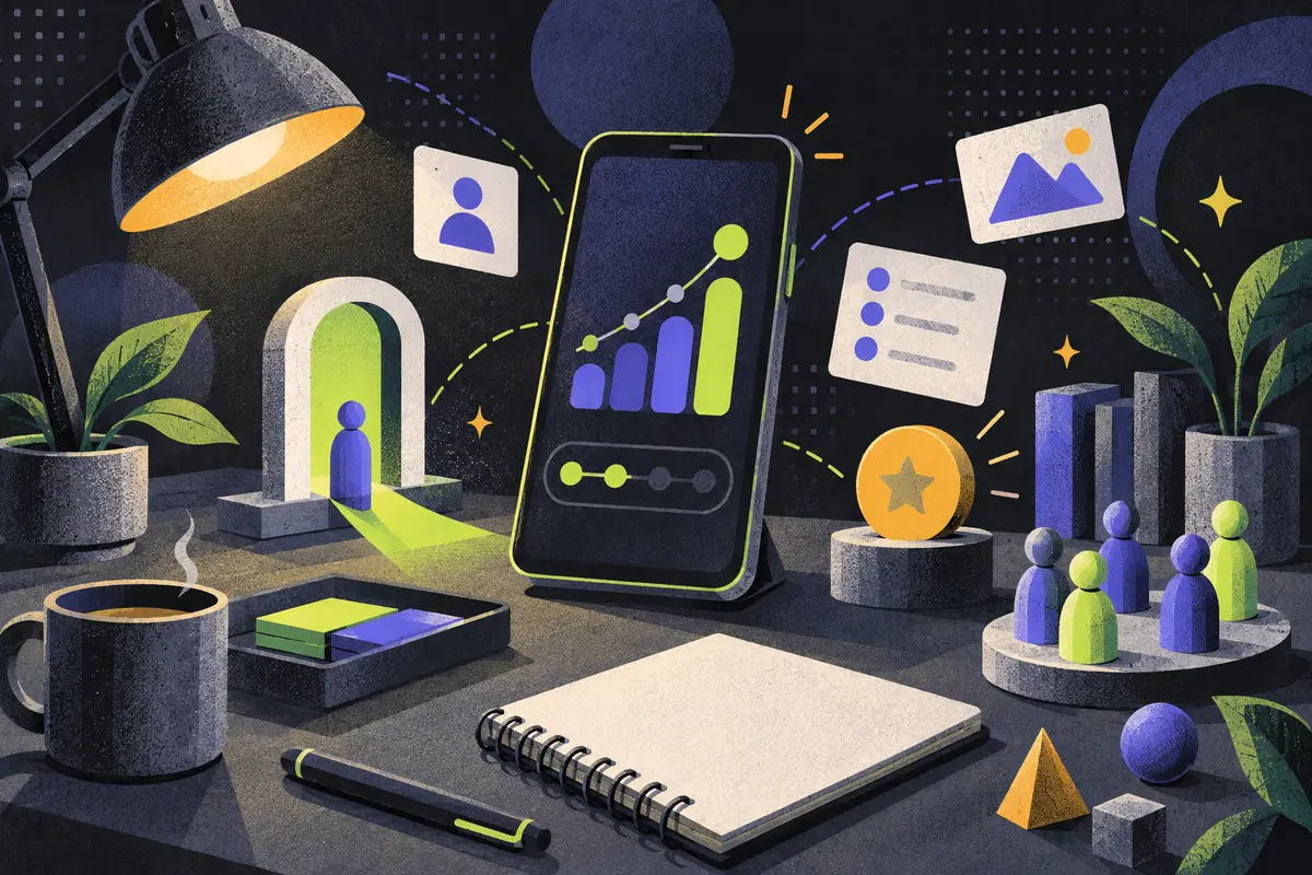 user onboarding: central phone with an abstract progress chart without text, signup doorway, task tool, first-result token, cohort figurines, blank notebook, desk lamp