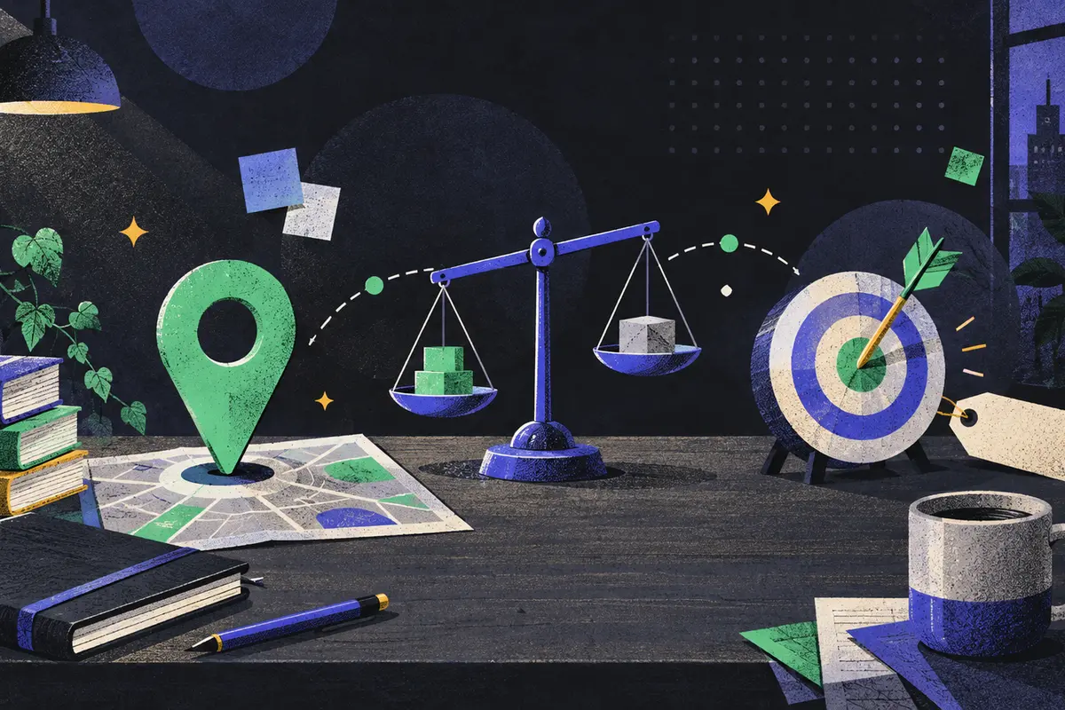 value positioning: a map pin, tilted balance scale, and target with dart arranged left to right, an unmarked price tag, stack of books, closed notebook, coffee cup