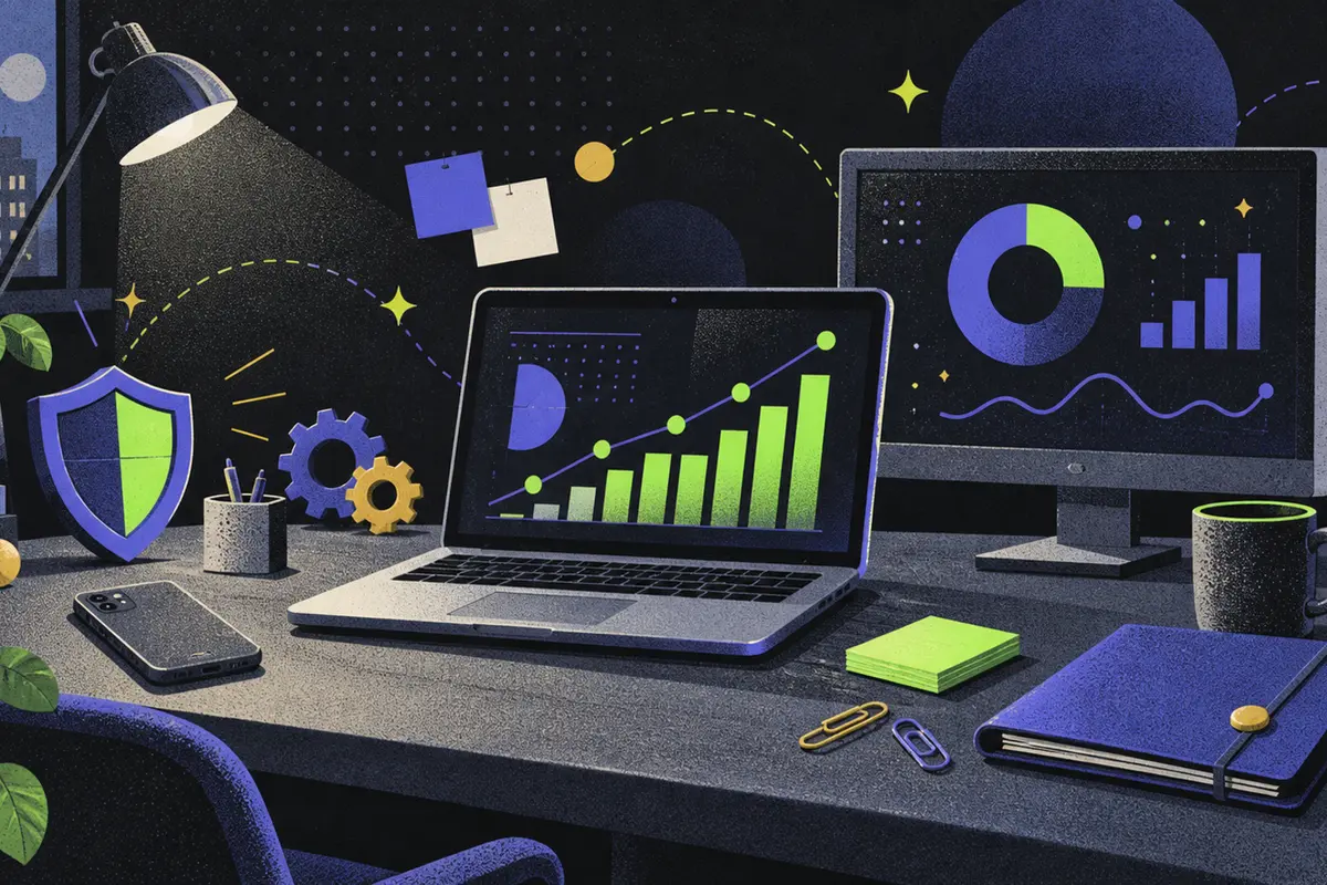 web analytics: a face-down phone, open laptop, and monitor showing an abstract chart arranged left to right, shield, closed folder, interlocking gears, paper clips, unmarked sticky note