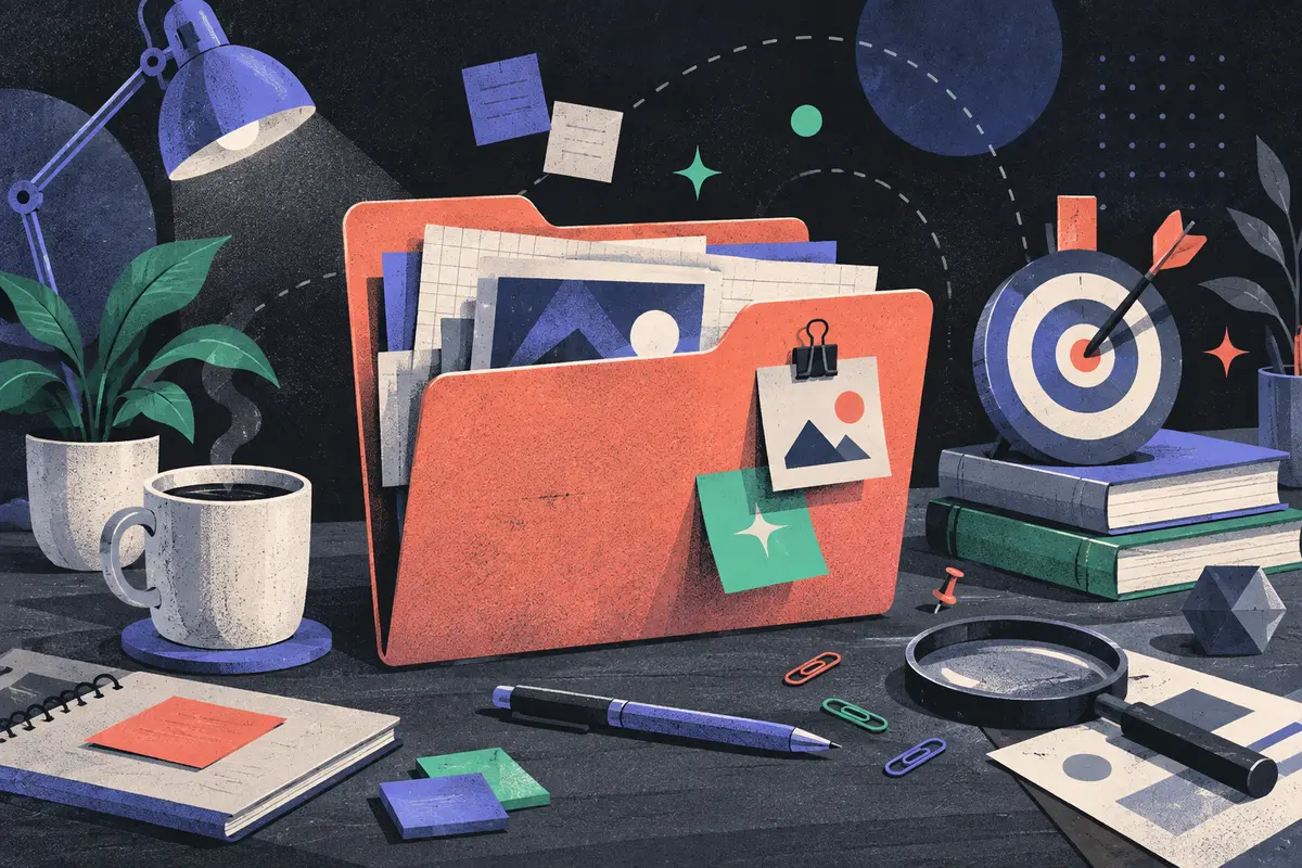 content brief: a large open folder centered on a desktop, a target with dart, a stack of books, a pen, paper clips, a coffee cup, a magnifying glass