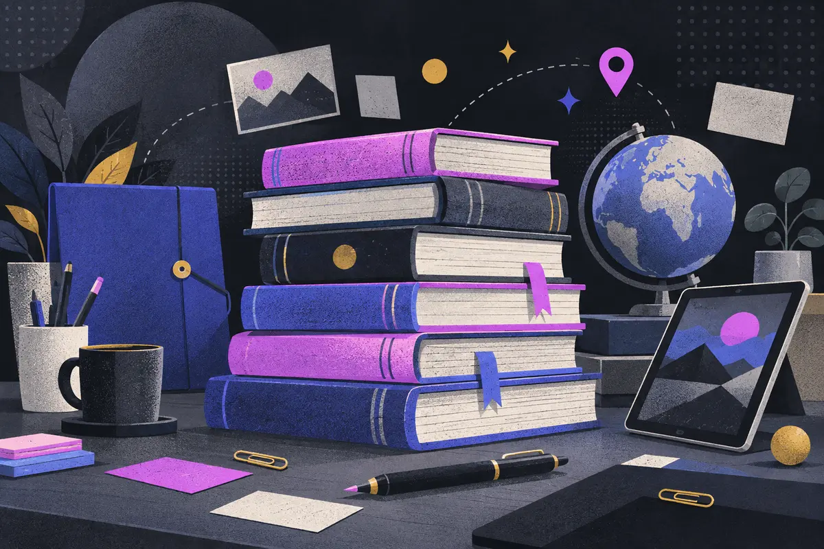 content pillar: a large centered stack of books, a closed folder, small globe, map pin, tilted tablet, pen, paper clips
