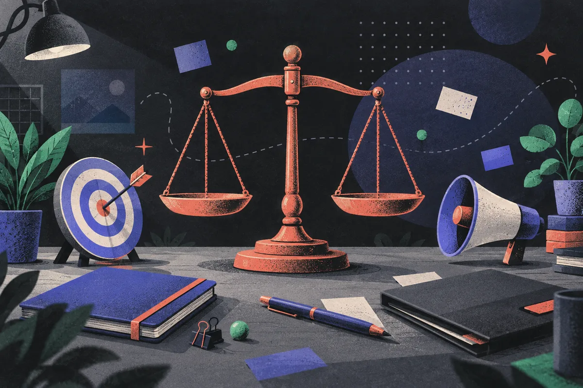 content strategy: a large centered balance scale at equilibrium, a target with dart, a closed notebook, a closed folder, a megaphone, a pen, a potted plant