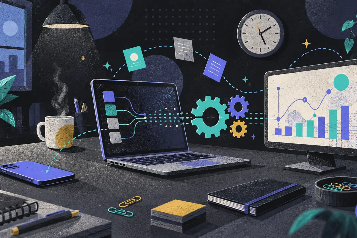data pipeline: a face-down phone, an open laptop, and a monitor showing an abstract chart arranged left to right, interlocking gears, clock, paper clips, coffee cup