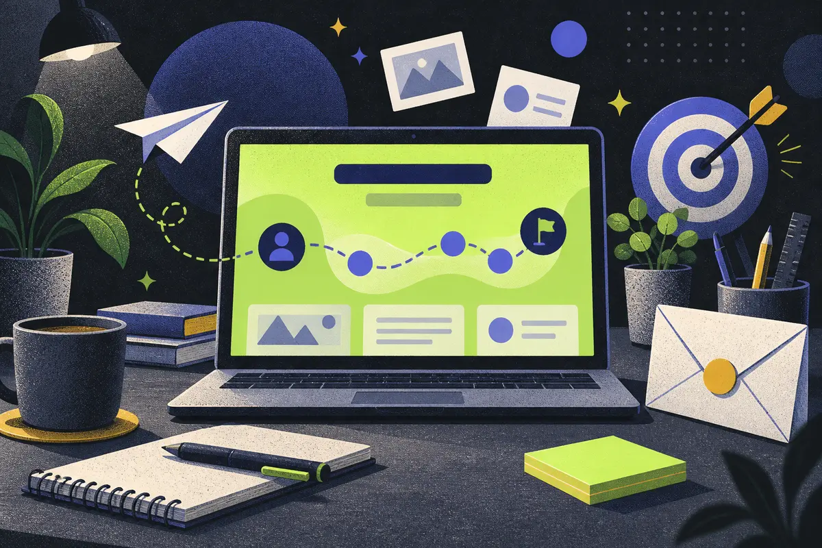 landing page: a large centered laptop showing an abstract conversion path, paper plane, target with dart, sealed envelope, unmarked sticky note, coffee cup, potted plant