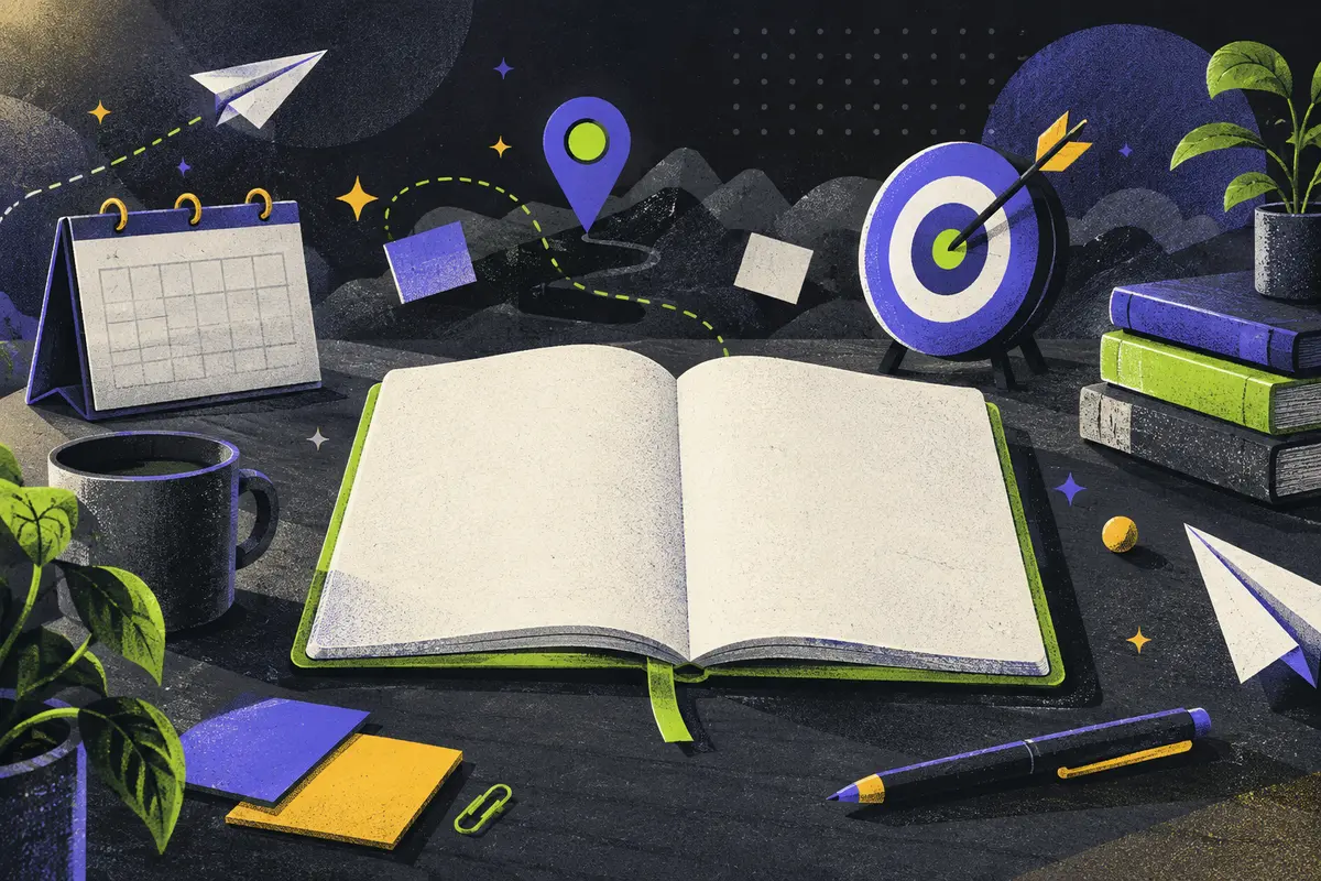 product roadmap: a large centered open notebook with unmarked pages, closed calendar, target with dart, map pin, stack of books, pen, paper plane