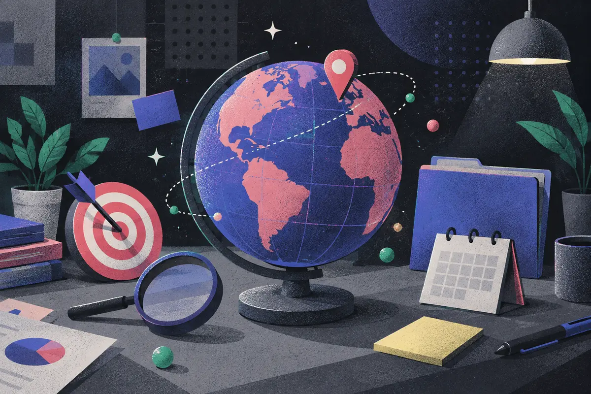 target market: a large centered small globe tilted forward, a map pin, a target with dart, a magnifying glass, a closed folder, a closed calendar, a yellow sticky note