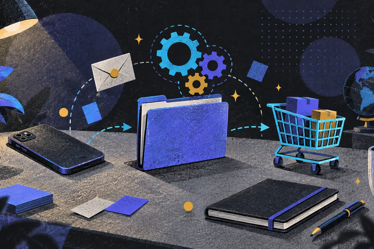 lean-team CRM: a face-down phone, closed folder, and shopping cart arranged left to right, interlocking gears, sealed envelope, closed notebook, pen, small globe