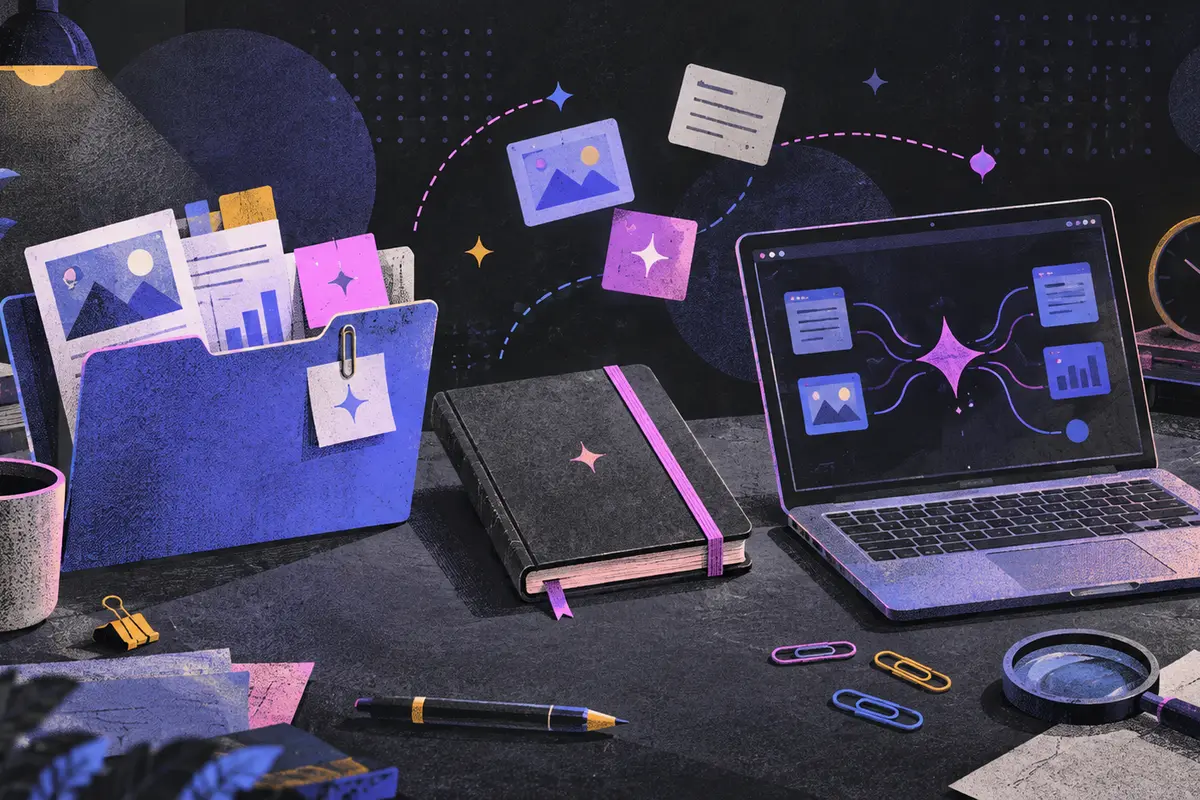 generative engine optimization: an open folder, a closed notebook, and an open laptop arranged left to right, magnifying glass, clock, paper clips