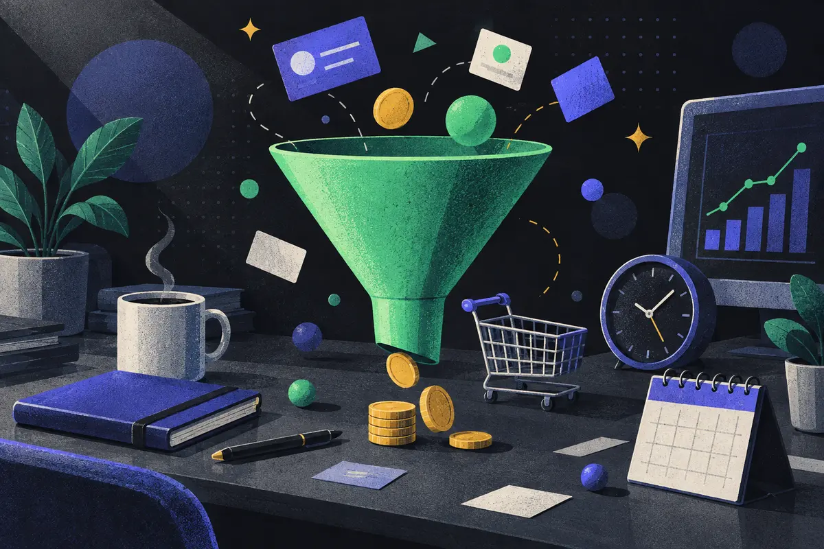 sales funnel: a large centered upright funnel, coins, a shopping cart, a clock, a monitor showing an abstract chart, a closed calendar, a closed notebook, a coffee cup