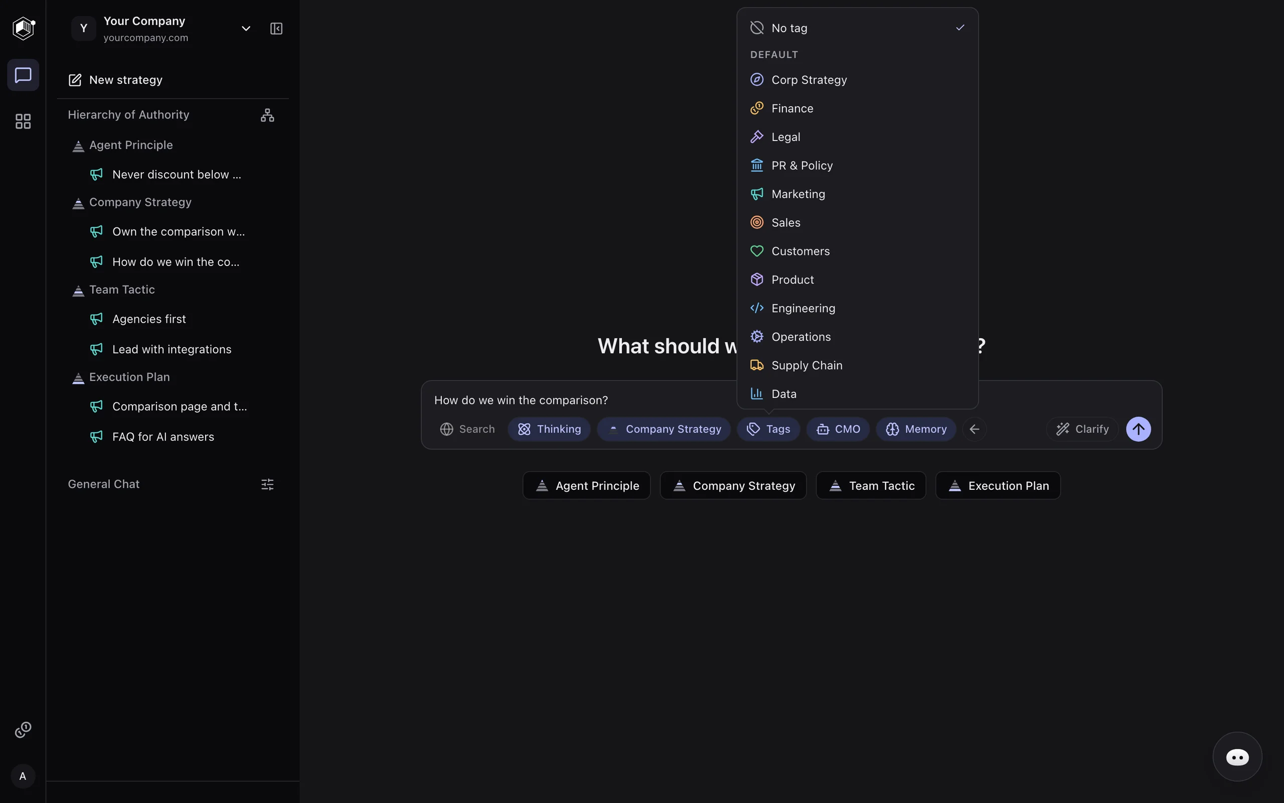 Strategy tags menu with built-in topics and No tag selected